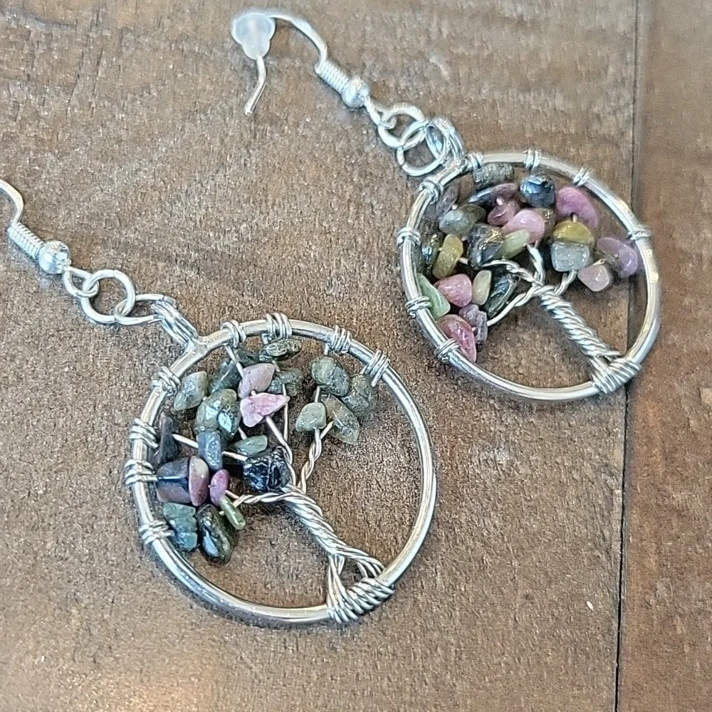 NEW Tourmaline Silver Tree of Life Earrings